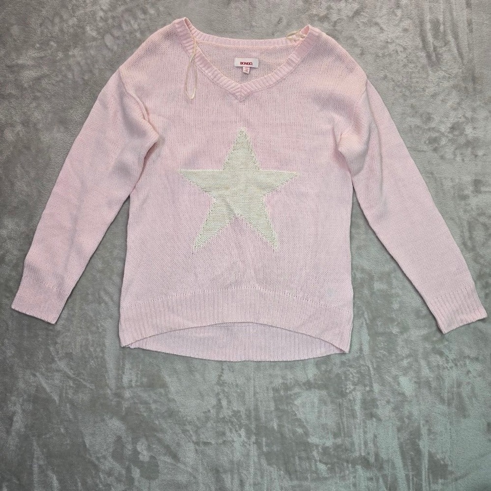 Bongo Pink V-Neck Star Knit Sweater Womens Large Long Sleeve Pullover